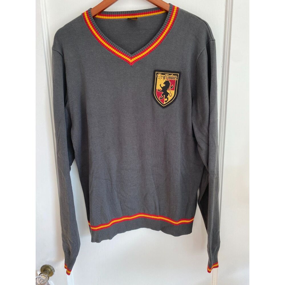 Harry Potter Gryffindor Sweater Grey V-Neck Knit Wizarding World Medium